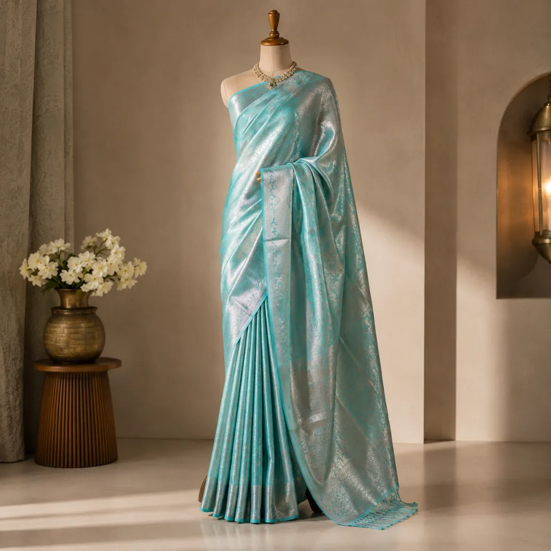 Handcrafted Sea Green Banarasi Kota Tissue Saree