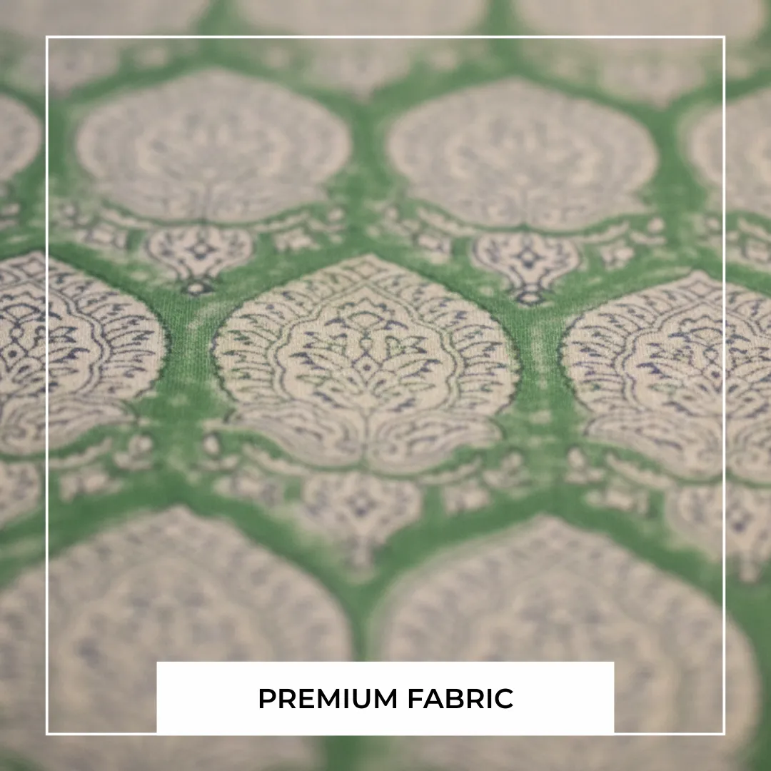 Single-Sided Hand Block Printed Mal Cotton Fabric – Green Lattice Floral | Sold Per Meter