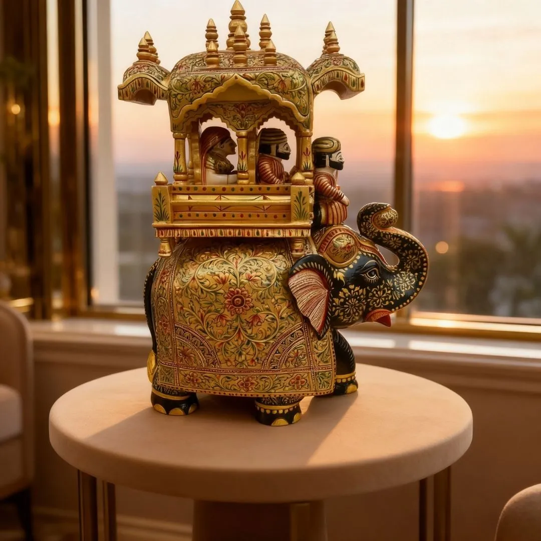 Royal Elephant Palanquin Miniature Sculpture Handcrafted in Wood