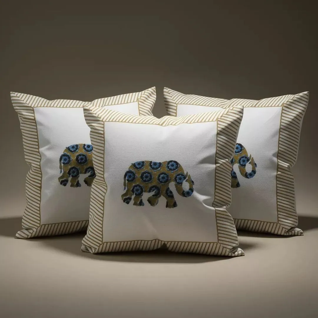 Hand Block Printed Cotton Cushion Covers with Central Elephant Motif (Set of 2)