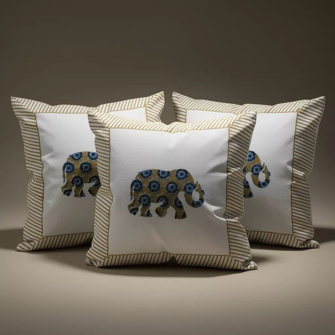 Block Printed South Cotton Cushion Cover with Central Floral Motif