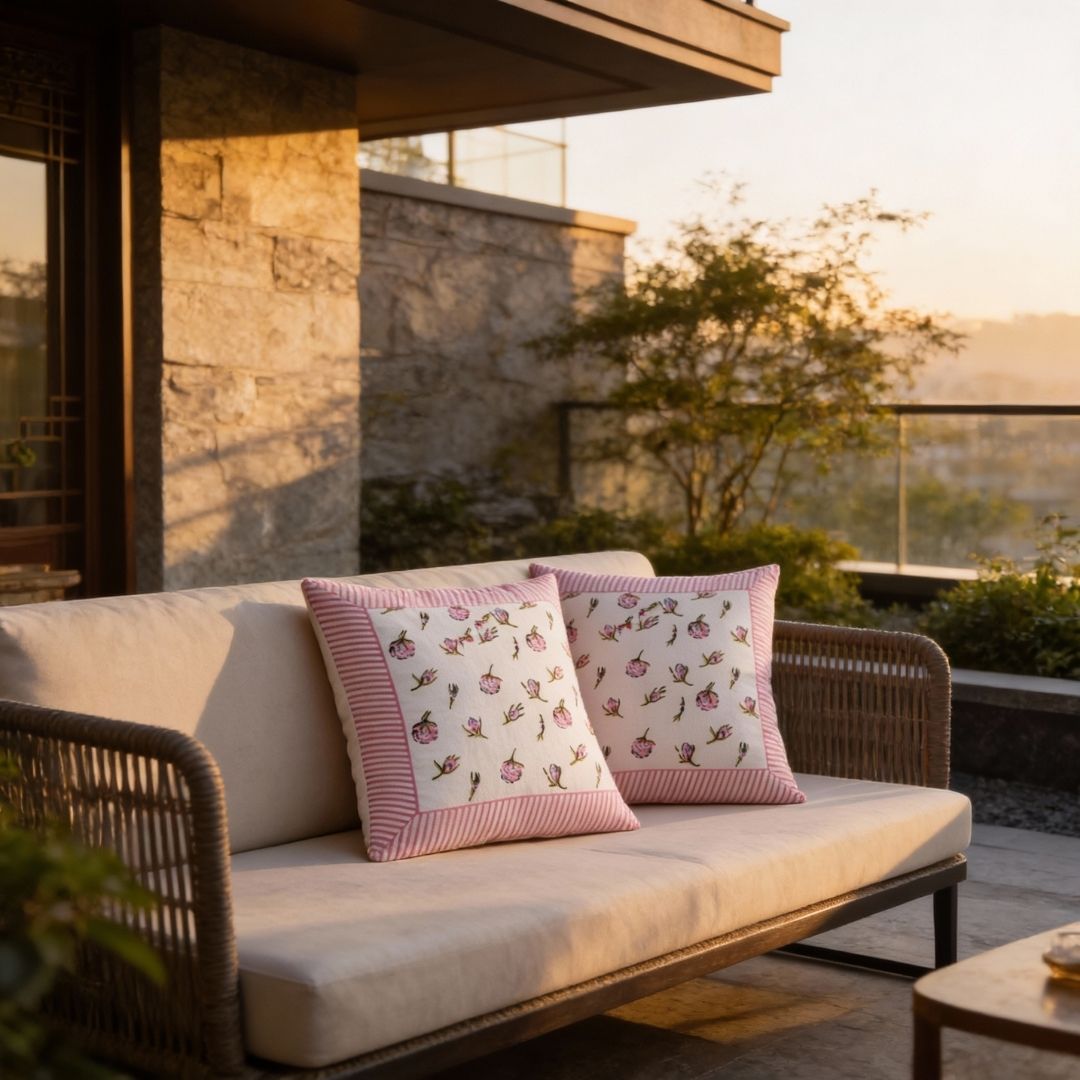 Block Printed South Cotton Cushion Covers in Floral Pattern