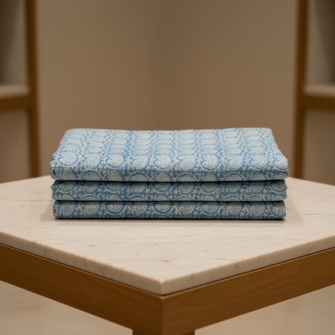 Single-Sided Block Printed Cotton Fabric in Blue Check Pattern