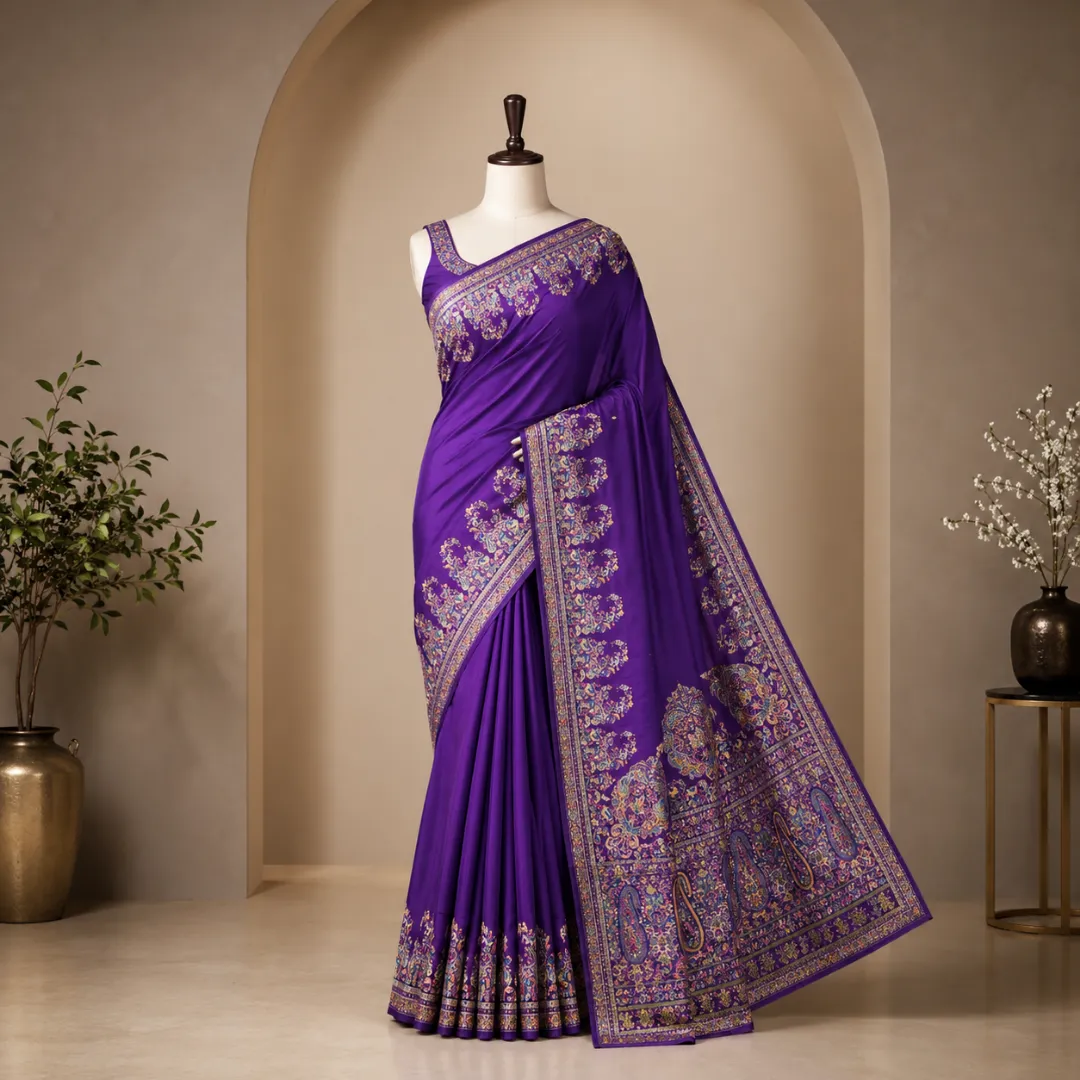 Festive Kashmiri Handwoven Royal Purple Pashmina Silk Saree with Blouse Piece