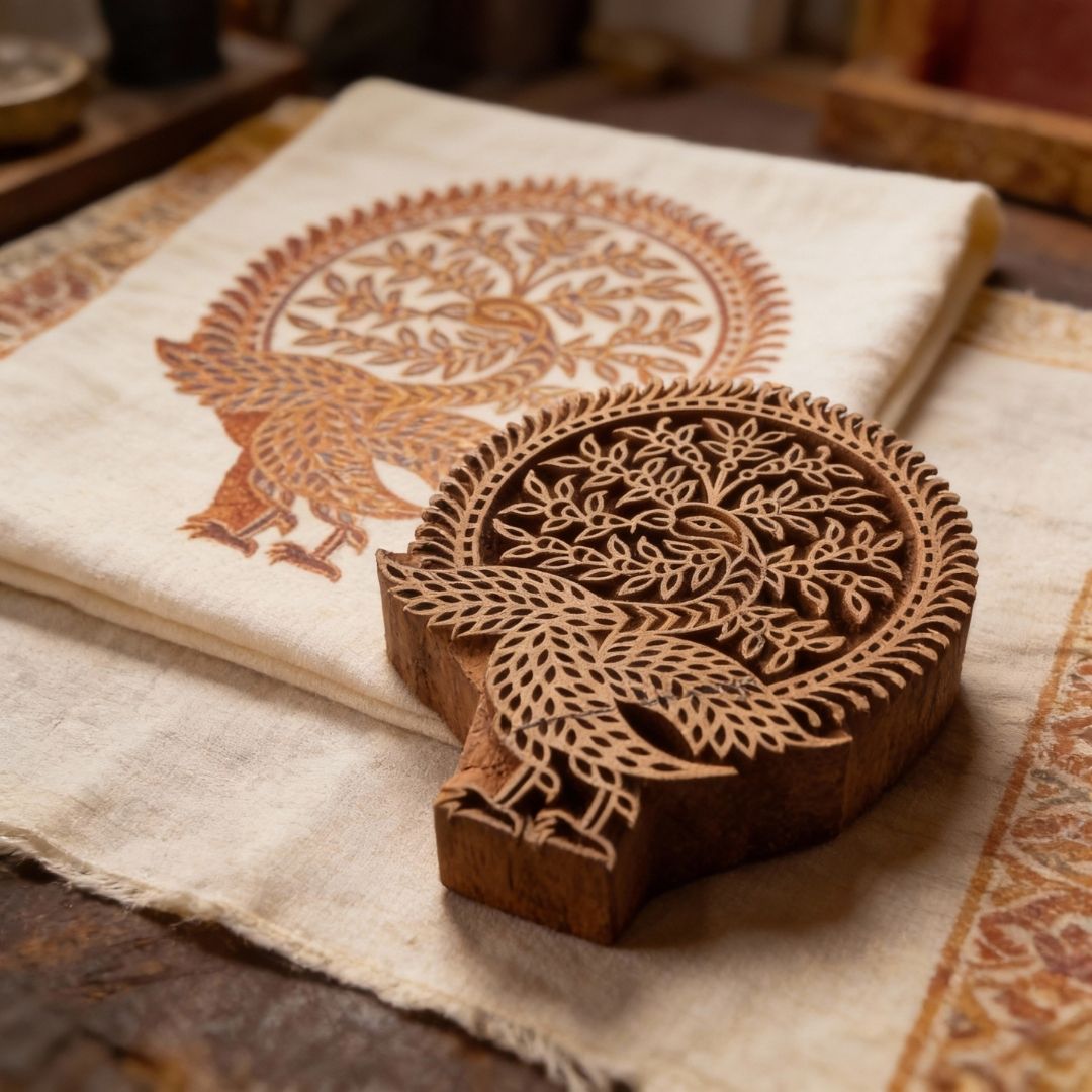 Handcrafted Gurjan Wood Block with Tree of Life Motif for Textile Printing