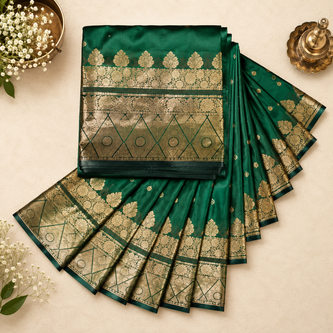 Emerald Green Monipuri Resham Silk Saree – Handcrafted Elegance with Silk Mark 