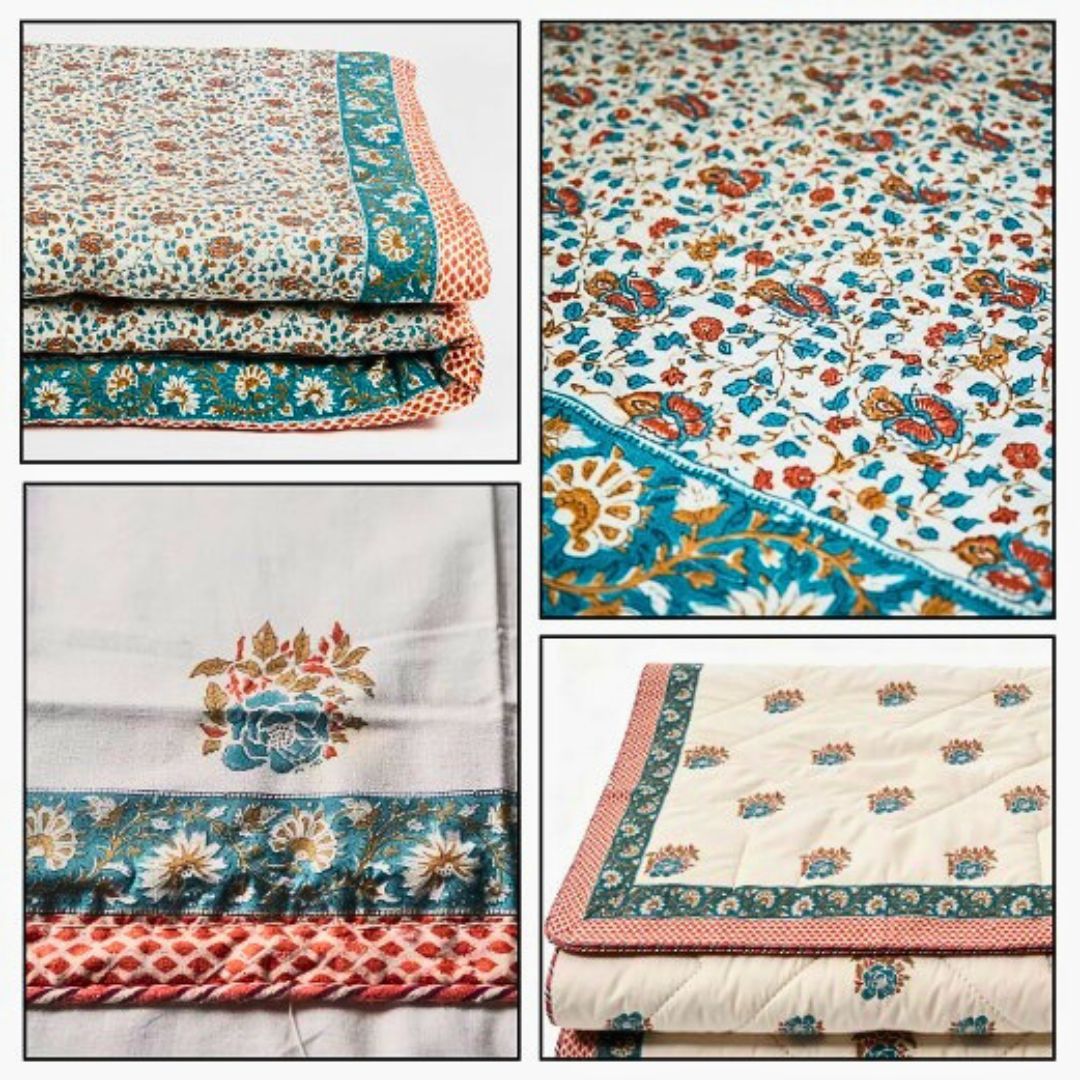 Single Double-Sided Block Printed Cotton Comforter in Teal Floral Pattern