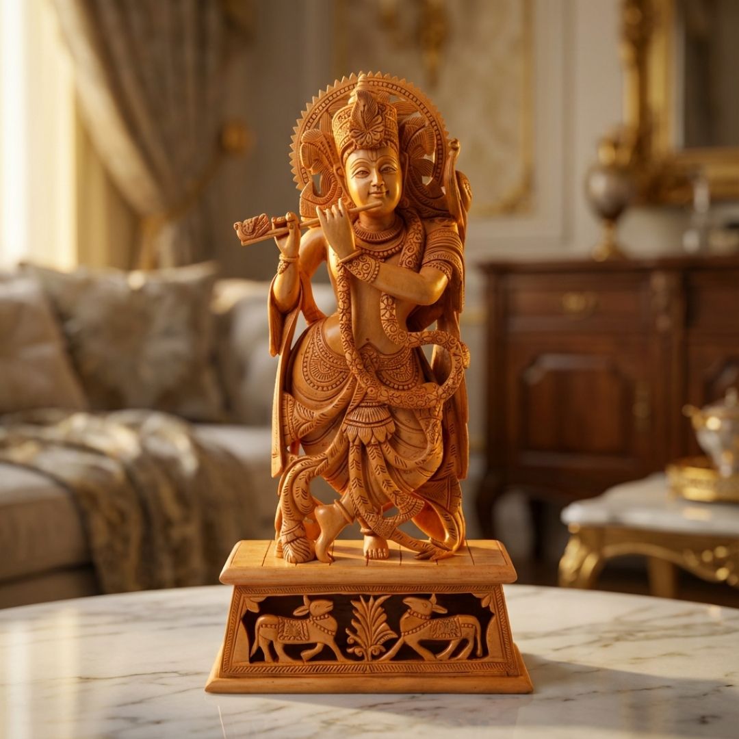 Lord Krishna Wooden Sculpture Standing with Flute Cow and Peacock Base Carving