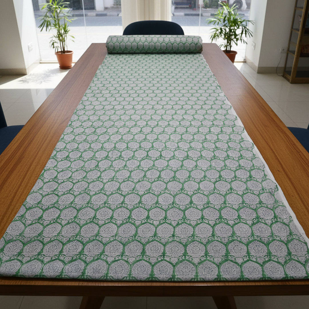 Single-Sided Block Printed Mal Cotton Fabric in Green Lattice Floral Pattern