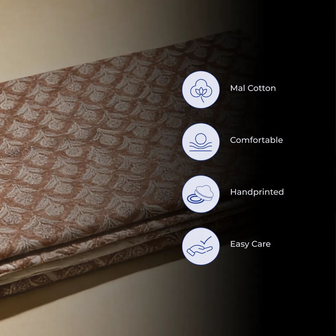 Single-Sided Hand Block Printed Mal Cotton Fabric – Brown Geometric Lattice | Sold Per Meter
