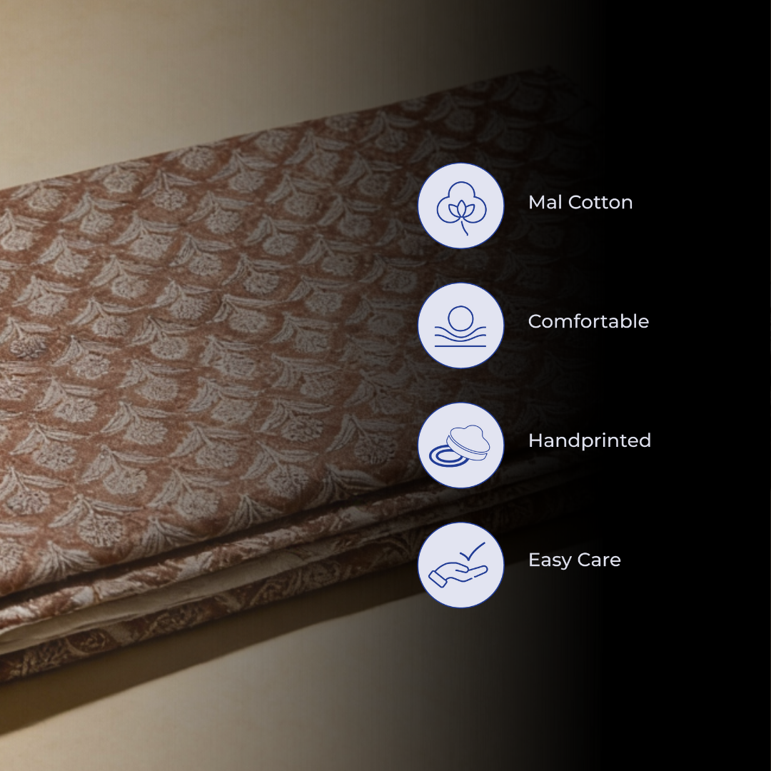 Single-Sided Block Printed Mal Cotton Fabric in Brown Geometric Lattice Pattern