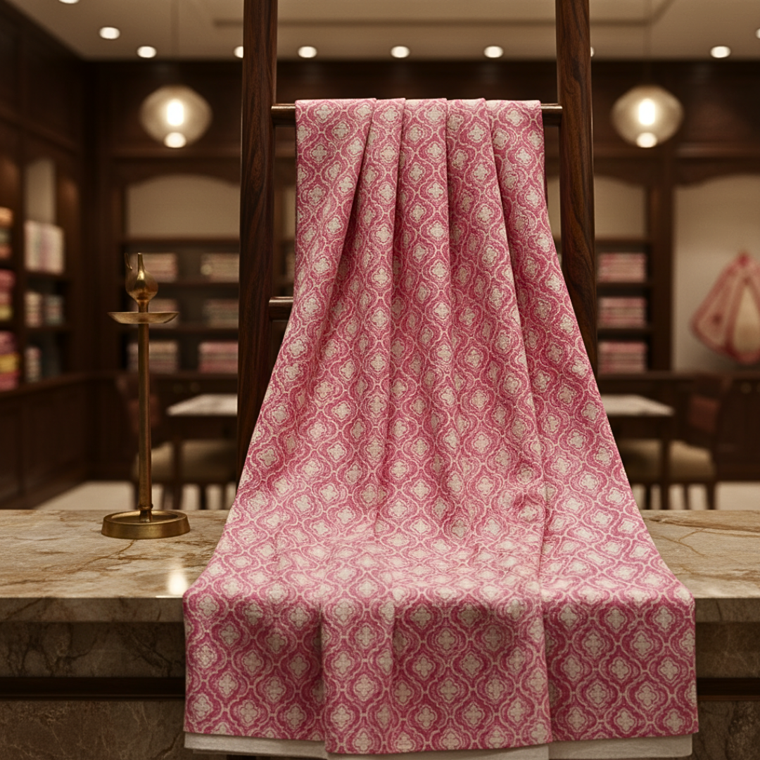 Single-Sided Block Printed Mal Cotton Fabric Than in Soft Pink Motif