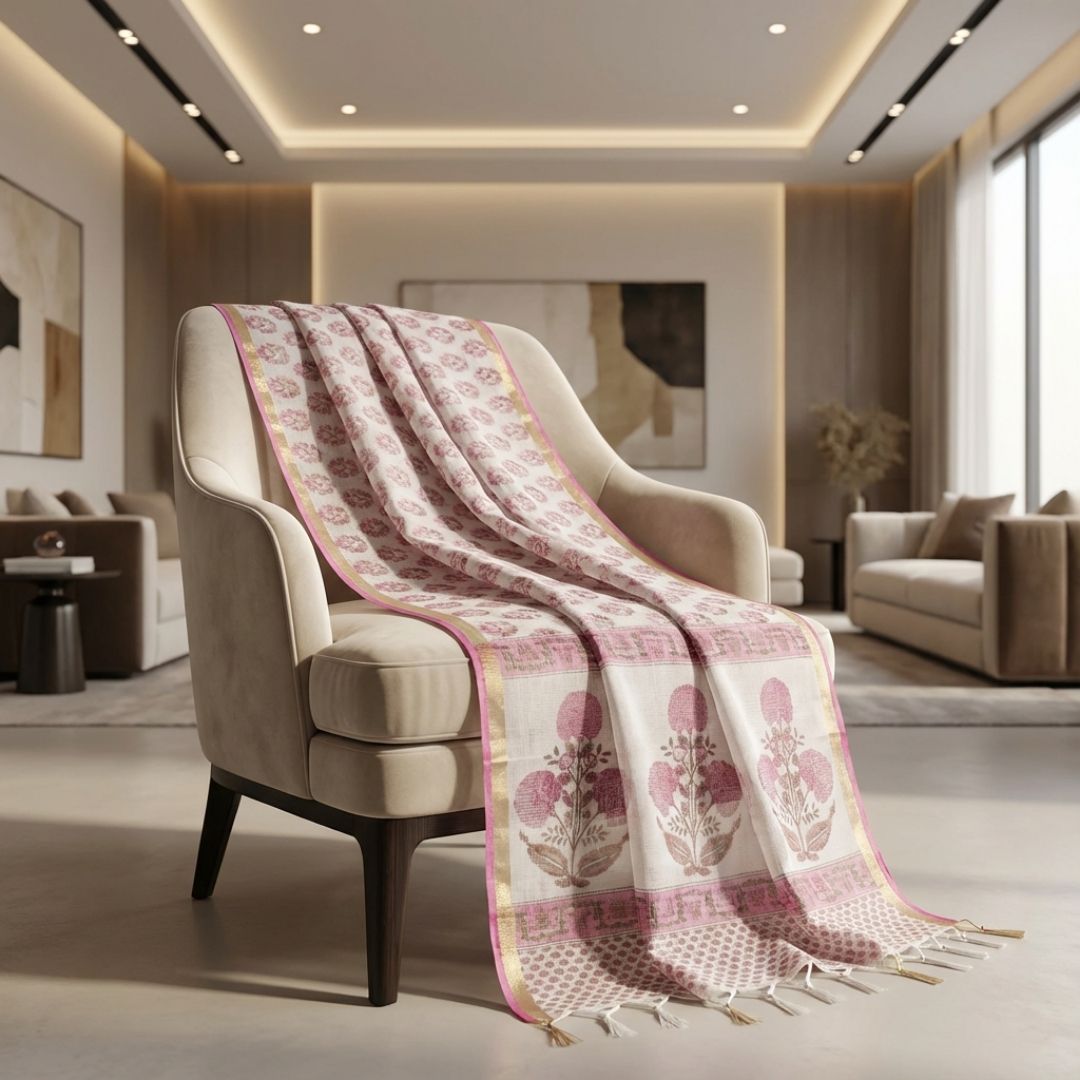 Hand Block Printed Kota Doriya Dupatta in Soft Pink Floral Pattern