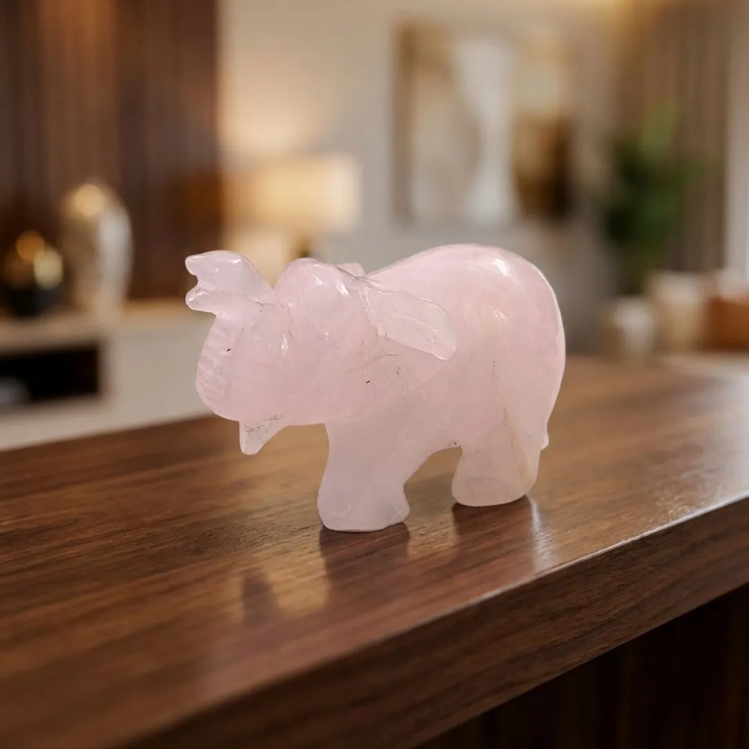 Hand-Carved Rose Quartz Elephant Sculpture