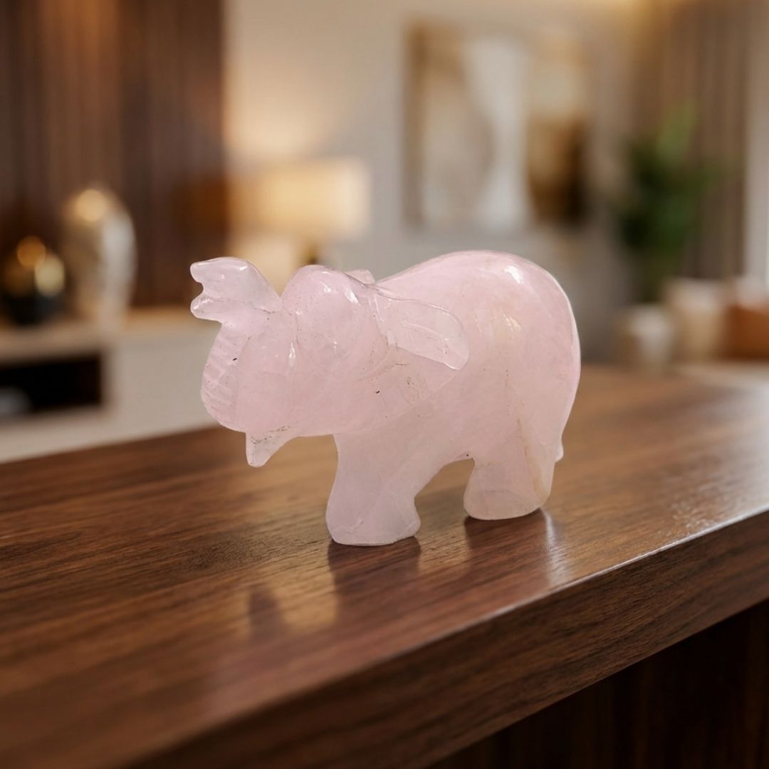 Hand-Carved Rose Quartz Elephant Sculpture