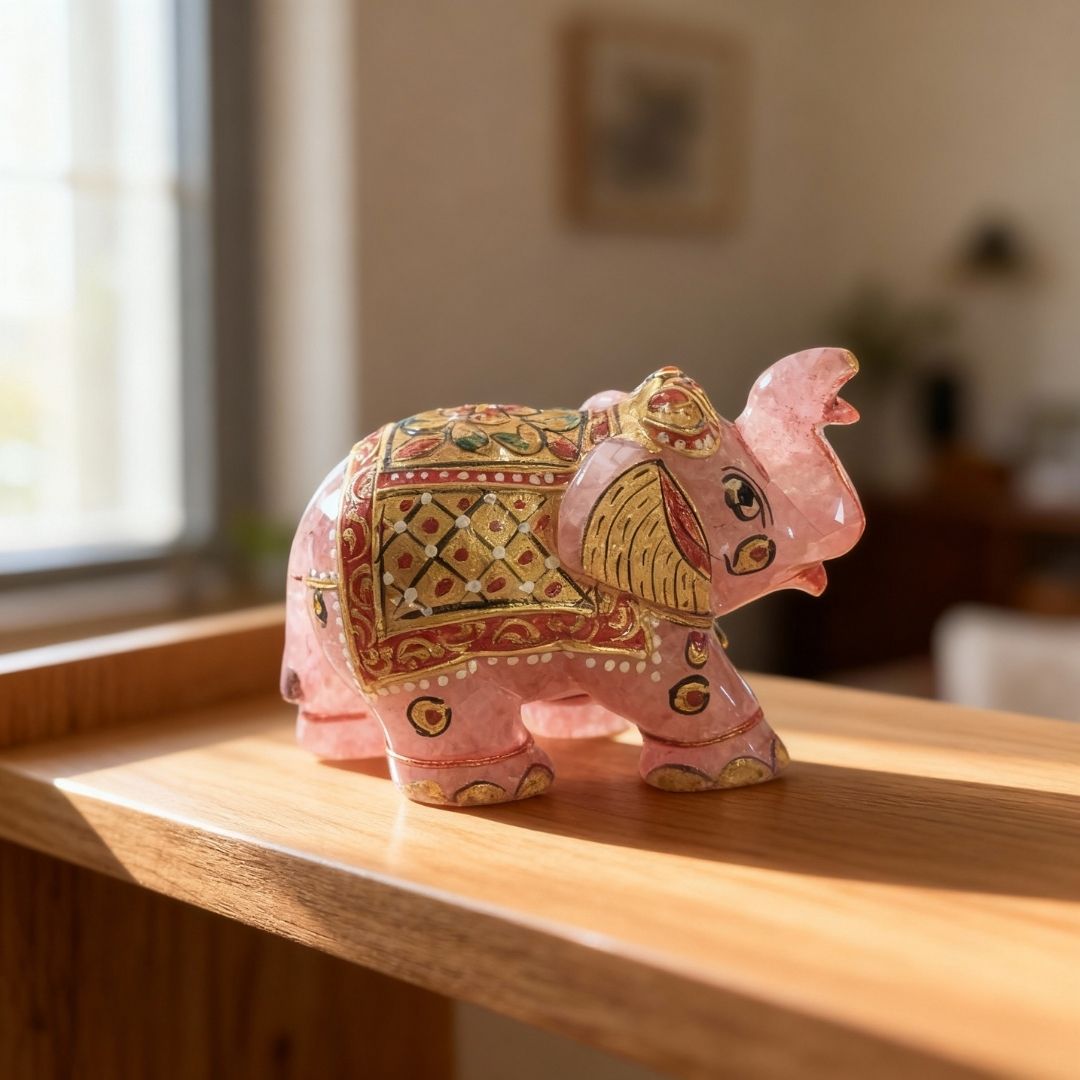 Handcrafted Rose Quartz Elephant Figurine with Traditional Painting