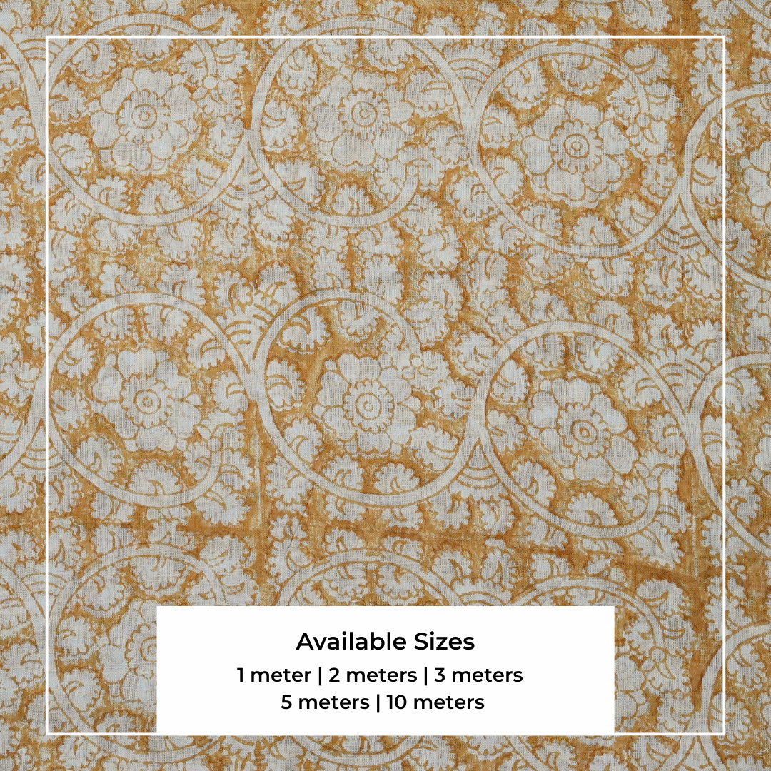 Single-Sided Block Printed Mal Cotton Fabric in Mustard Floral Pattern