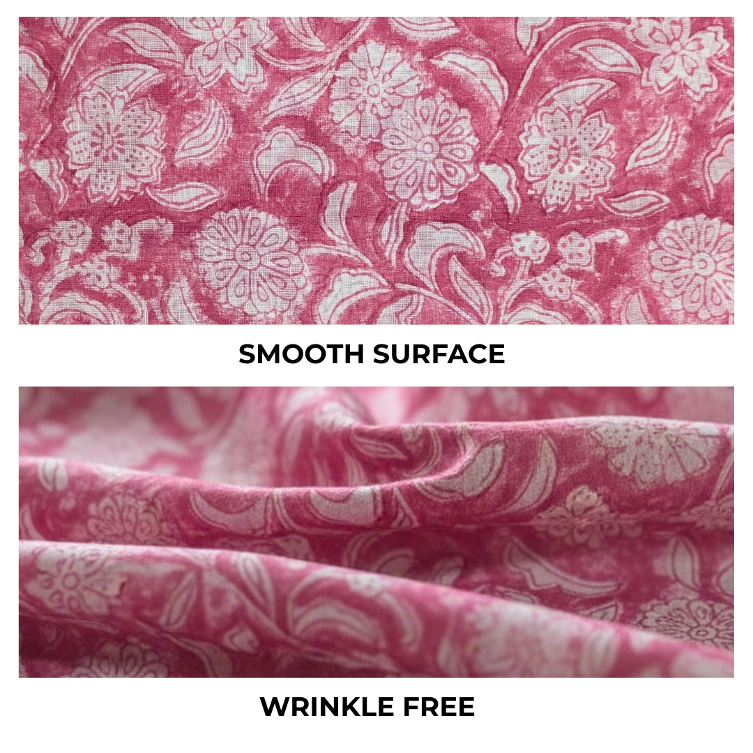Single-Sided Block Printed Mal Cotton Fabric in Pink Floral Pattern