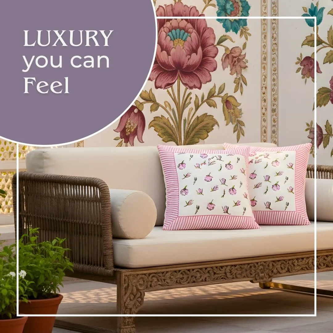 South Cotton Floral Block Printed Cushion Covers (Set of 2)