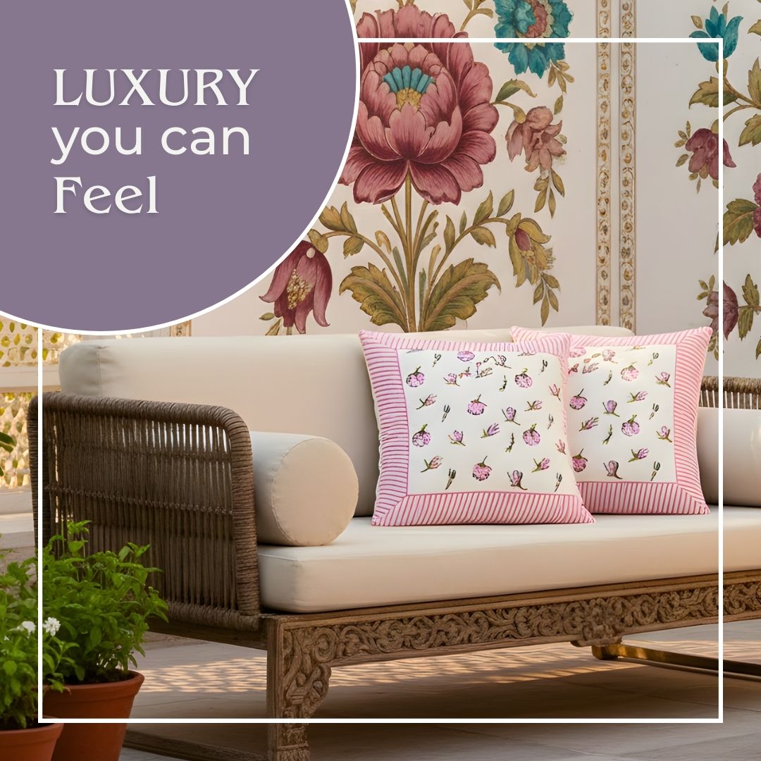 South Cotton Floral Block Printed Cushion Covers (Set of 2)