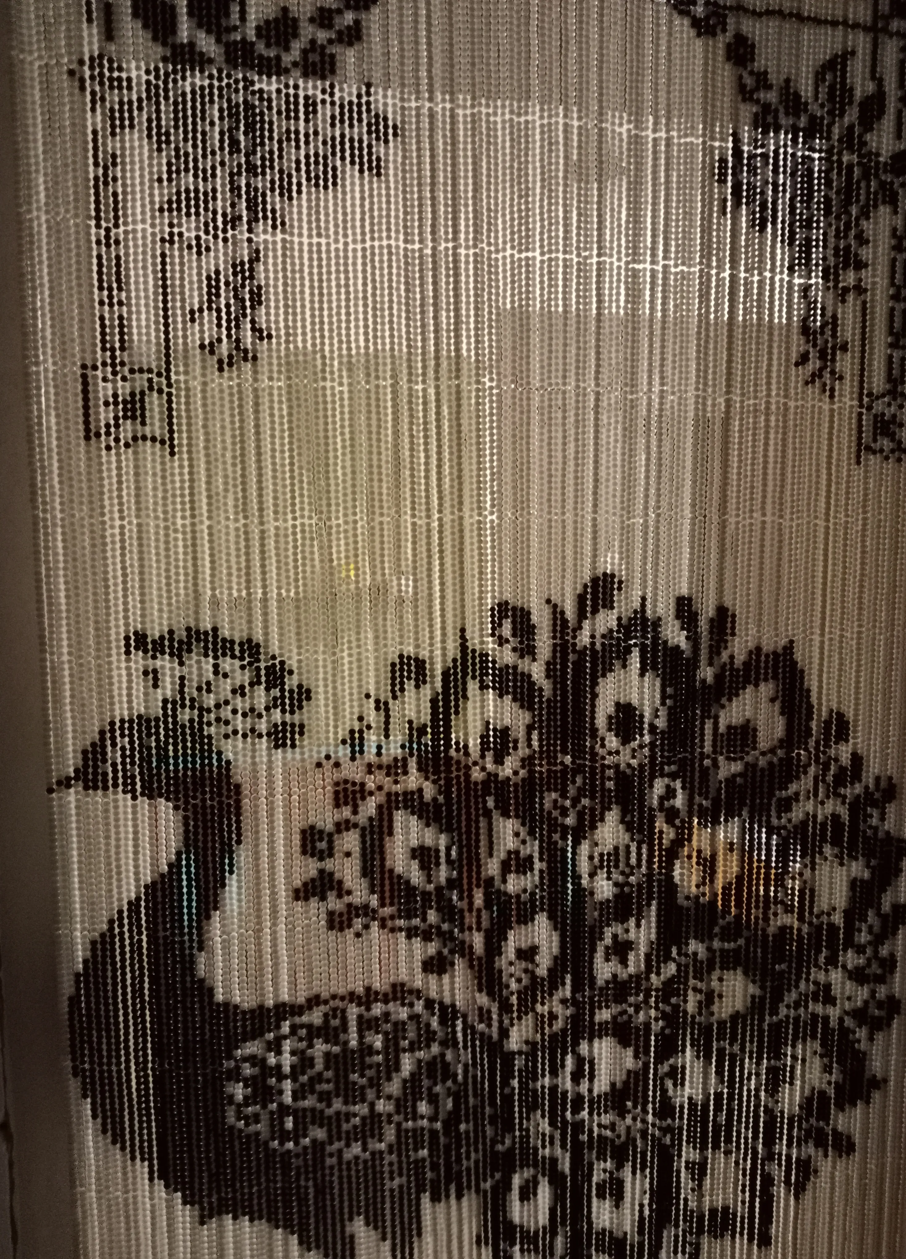 Handcrafted Pixel Glass Bead Curtain - Peacock Design - Featuring 37,700 Black and White Glass Beads