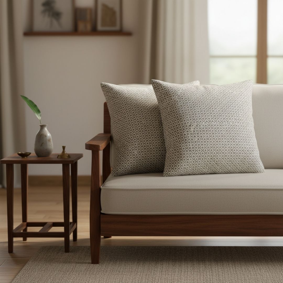 Block Printed South Cotton Cushion Cover with Subtle All-Over Pattern