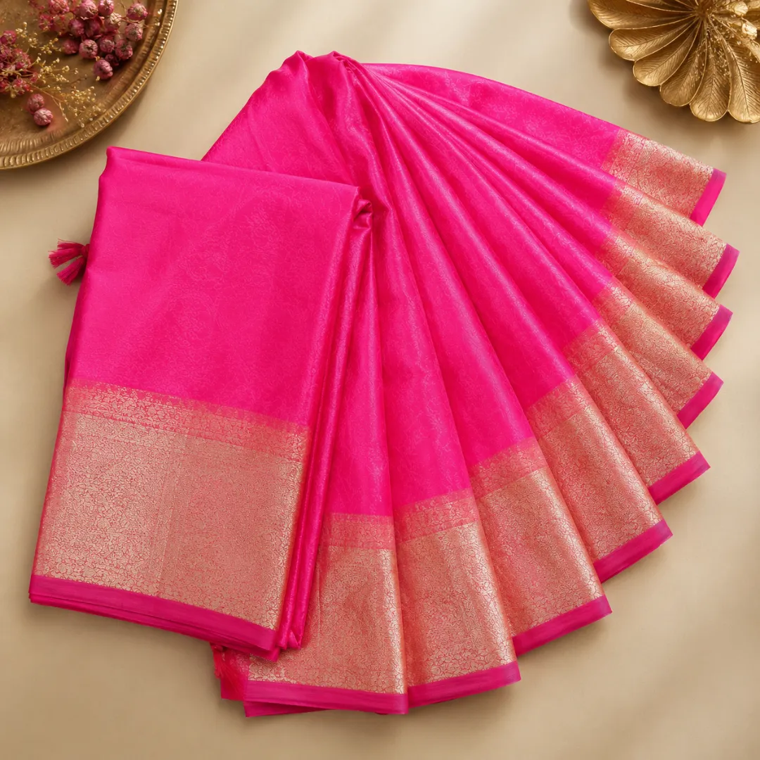 Golden Grace in Pink – Handcrafted Maslin Organza Saree with Matching Blouse
