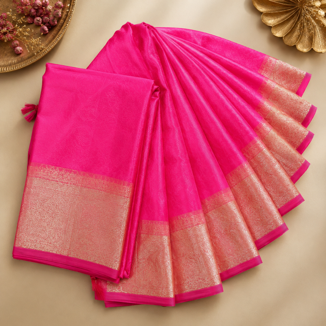 Golden Grace in Pink – Handcrafted Maslin Organza Saree with Matching Blouse
