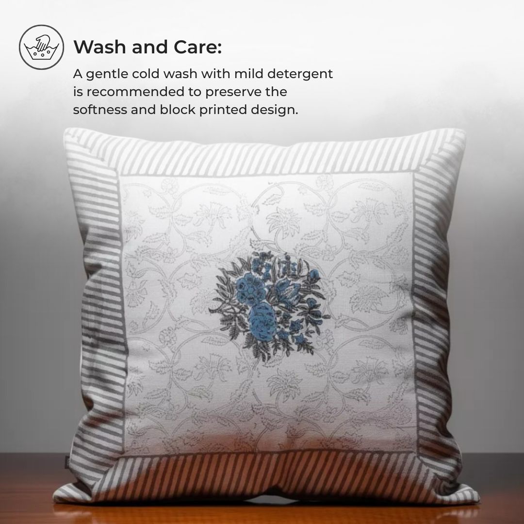 Block Printed Cotton Cushion Covers with Central Floral Motif (Set of 2)