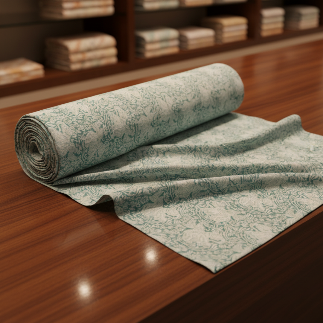 Single-Sided Block Printed Mal Cotton Fabric in Soft Green Floral Pattern