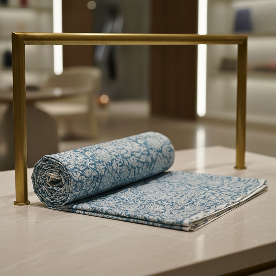 Single-Sided Block Printed Mal Cotton Fabric in Blue Botanical Pattern