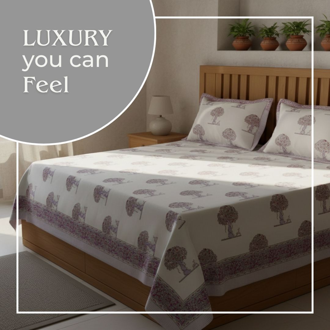 Single-Sided Block Printed Double Bedsheet in Soft Pink Floral Motif