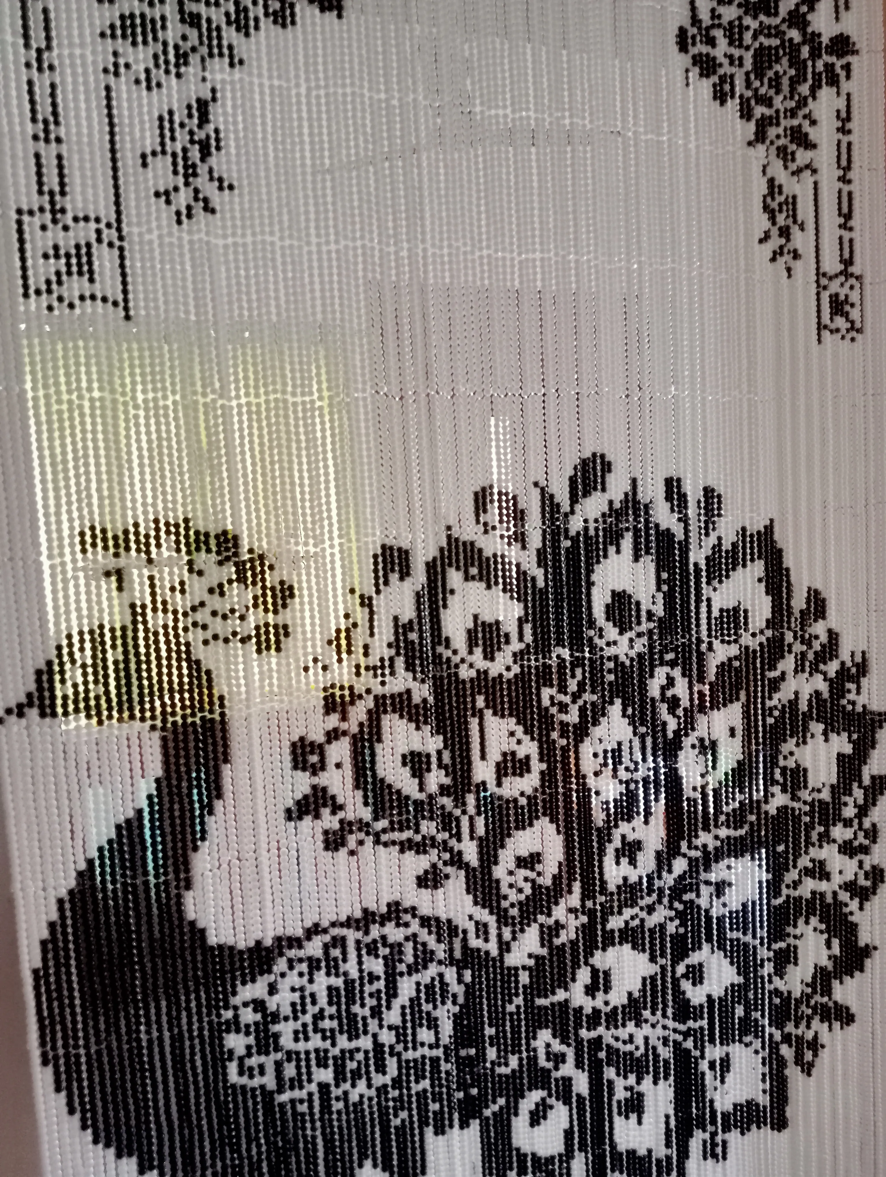 Handcrafted Pixel Glass Bead Curtain - Peacock Design - Featuring 37,700 Black and White Glass Beads
