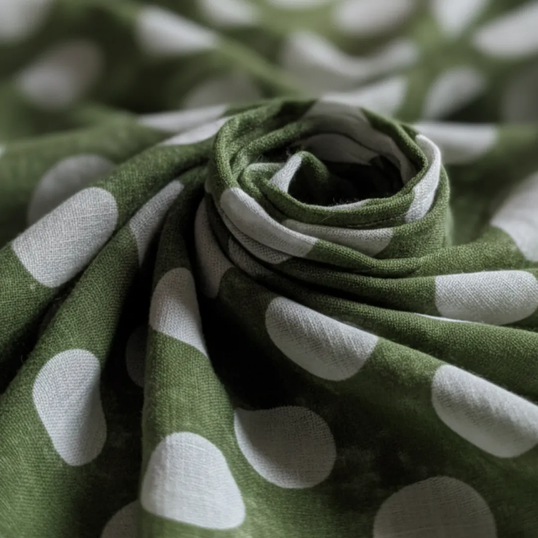 Single-Sided Hand Block Printed Mal Cotton Fabric – Green Geometric | Sold Per Meter