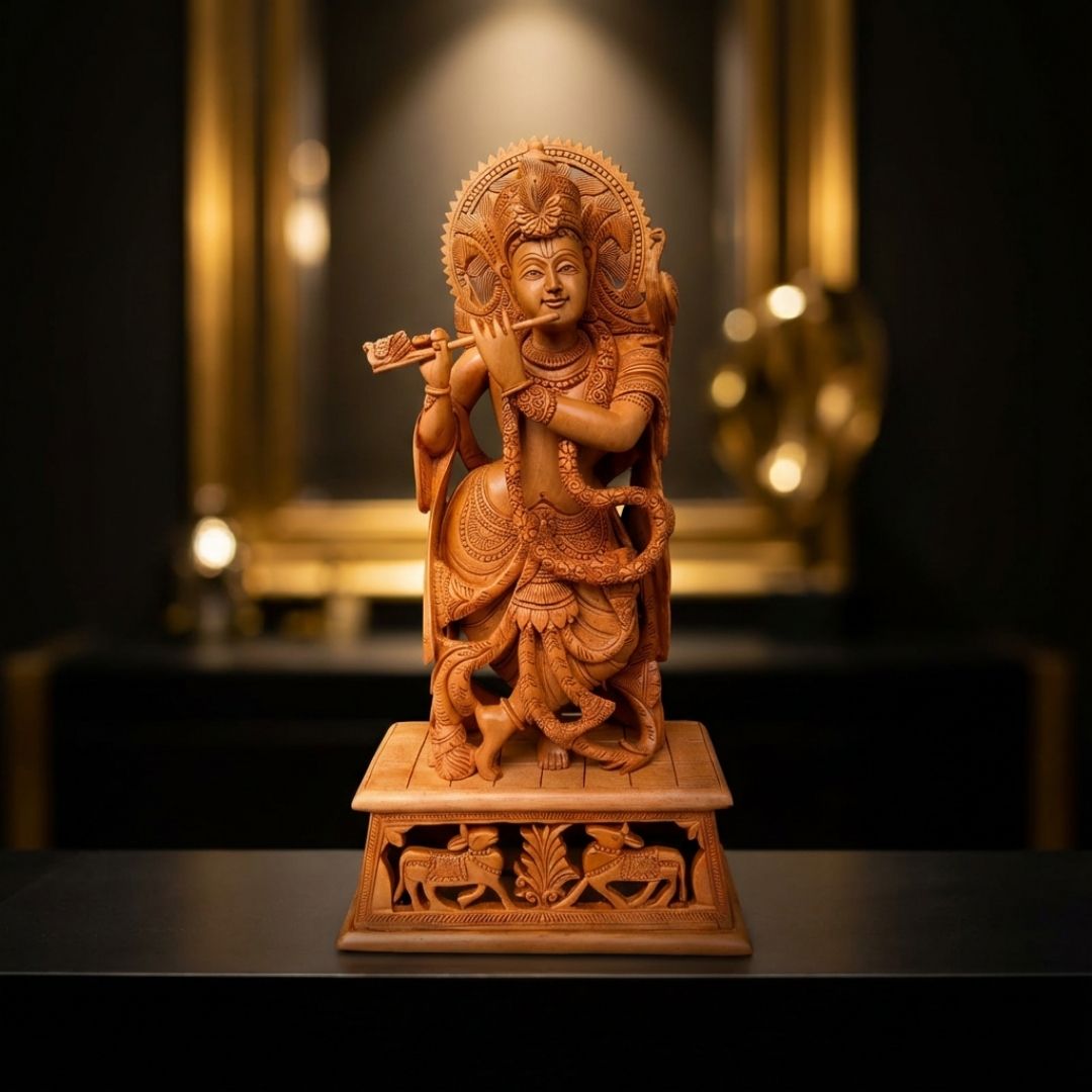 Lord Krishna Wooden Sculpture Standing with Flute Cow and Peacock Base Carving