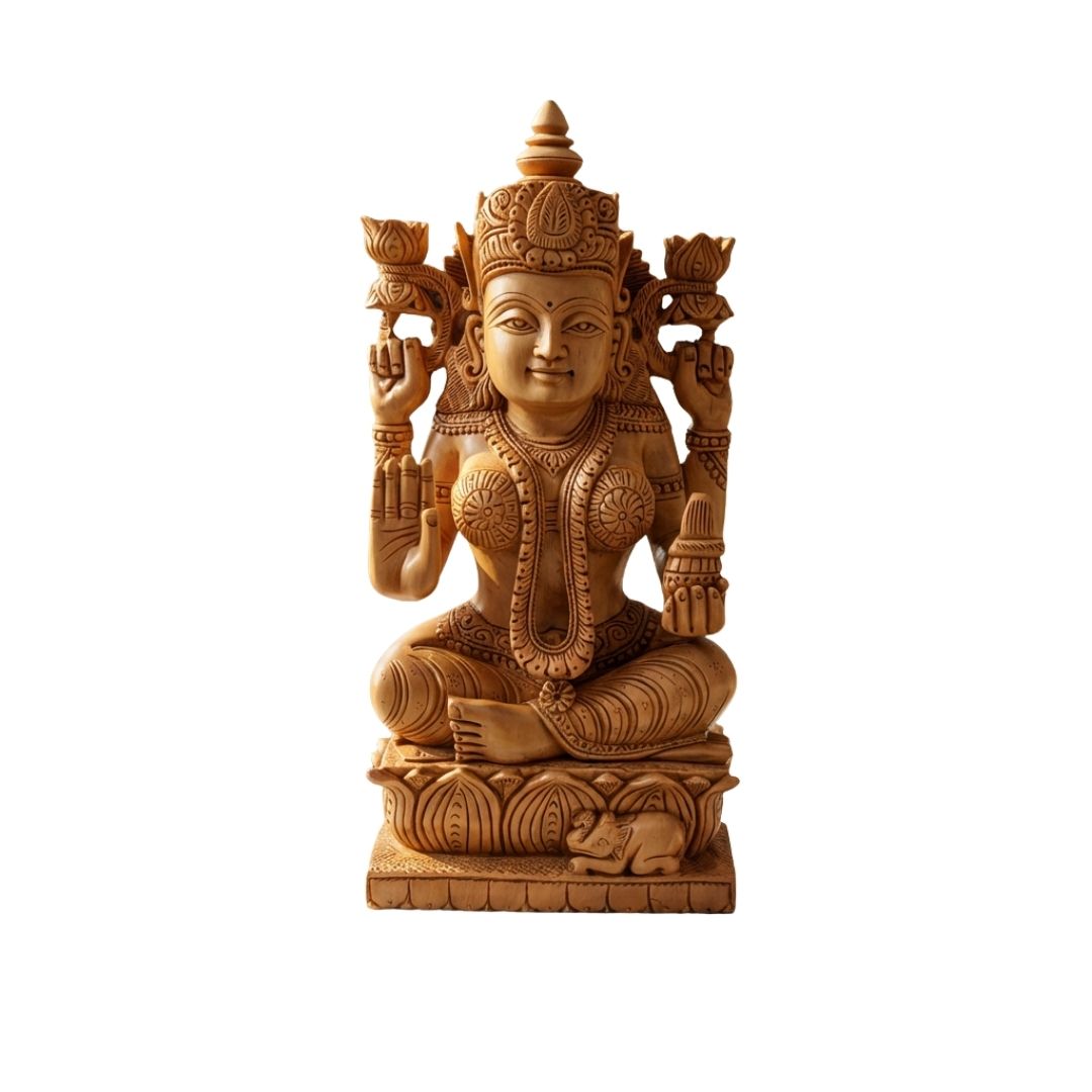 Lakshmi Mata Wooden Sculpture Sitting on Lotus with Kalash and Blessing Mudra