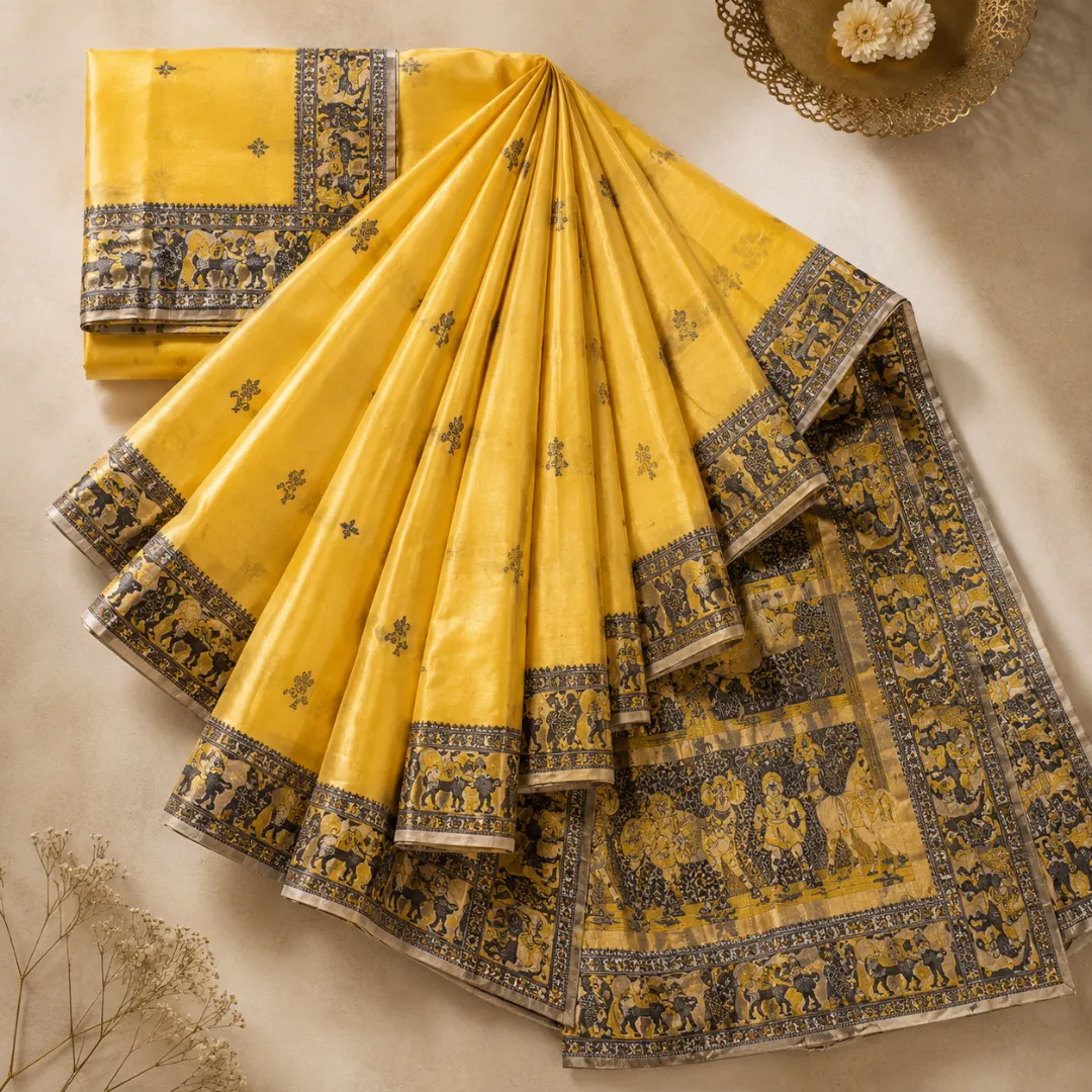 Golden Dusk Yellow & Black Handcrafted Bishnupuri Silk Saree