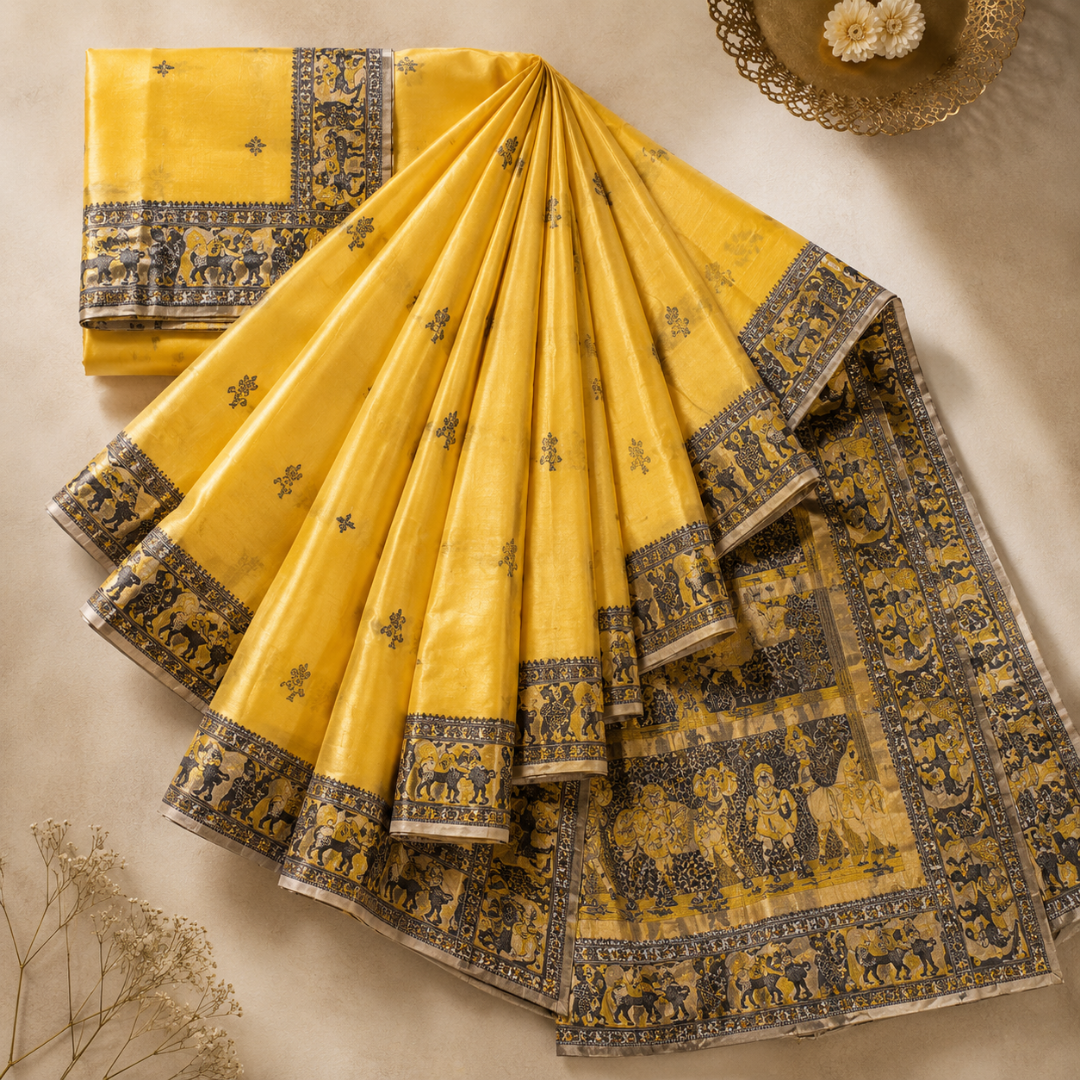 Golden Dusk Yellow & Black Handcrafted Bishnupuri Silk Saree