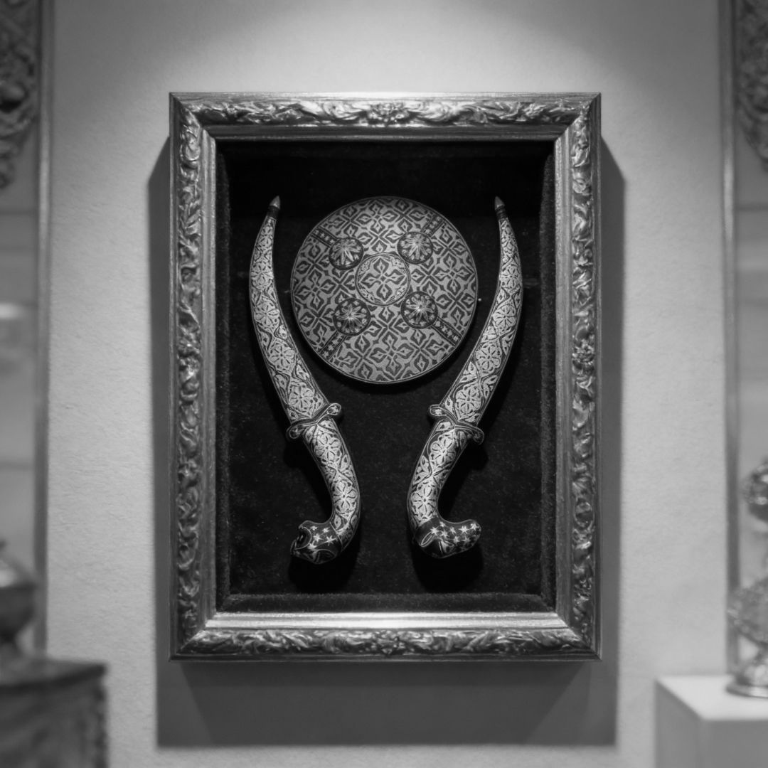 Decorative Koftgari Dagger Set with Matching Shield Motif