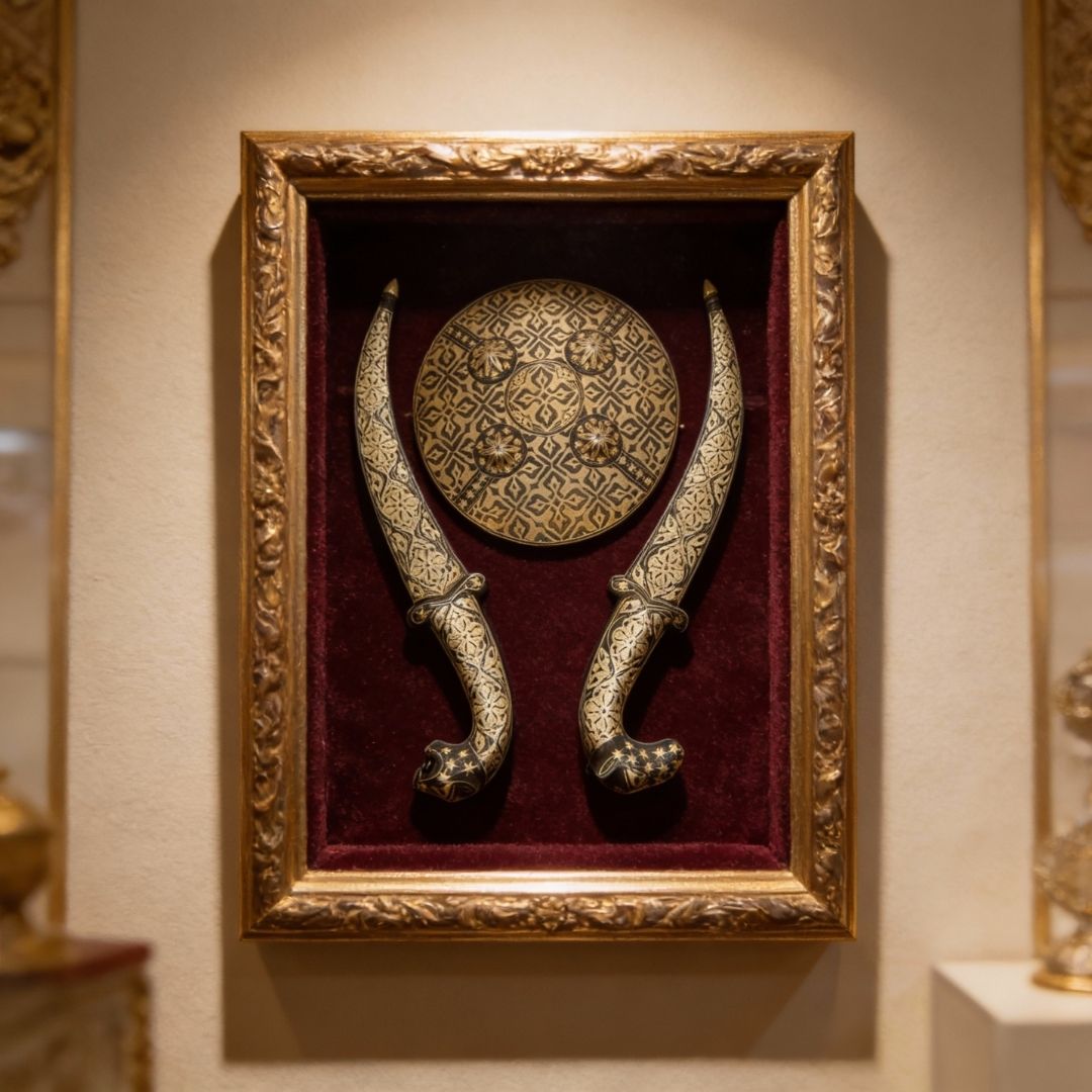 Decorative Koftgari Dagger Set with Matching Shield Motif