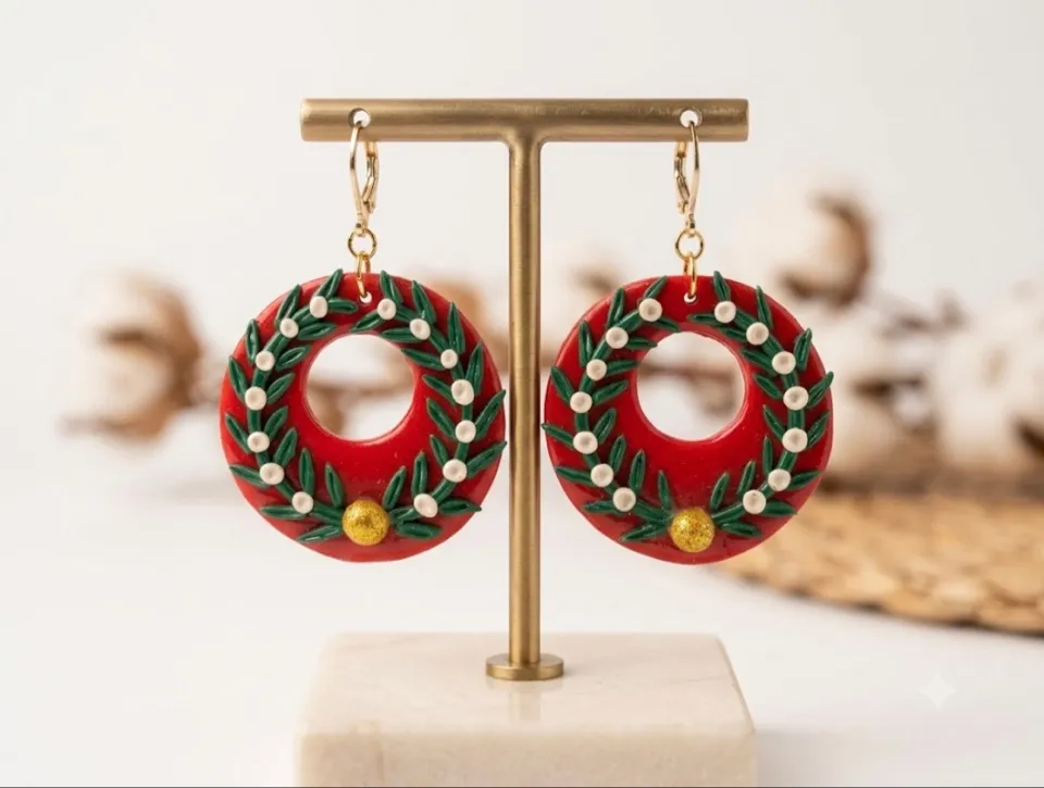 Holiday Edition Red & Green Wreath Clay Drop Earrings