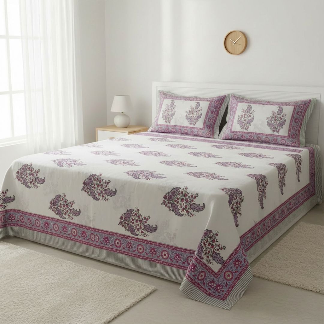 Single-Sided Block Printed Double Bedsheet in Grey Floral Motif