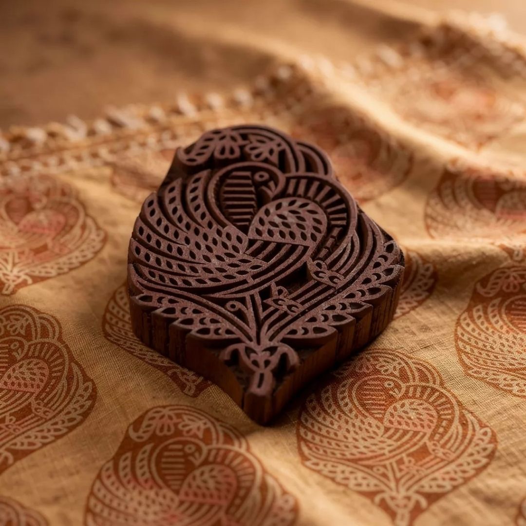 Hand-Carved Gurjan Wood Printing Block with Peacock Motif