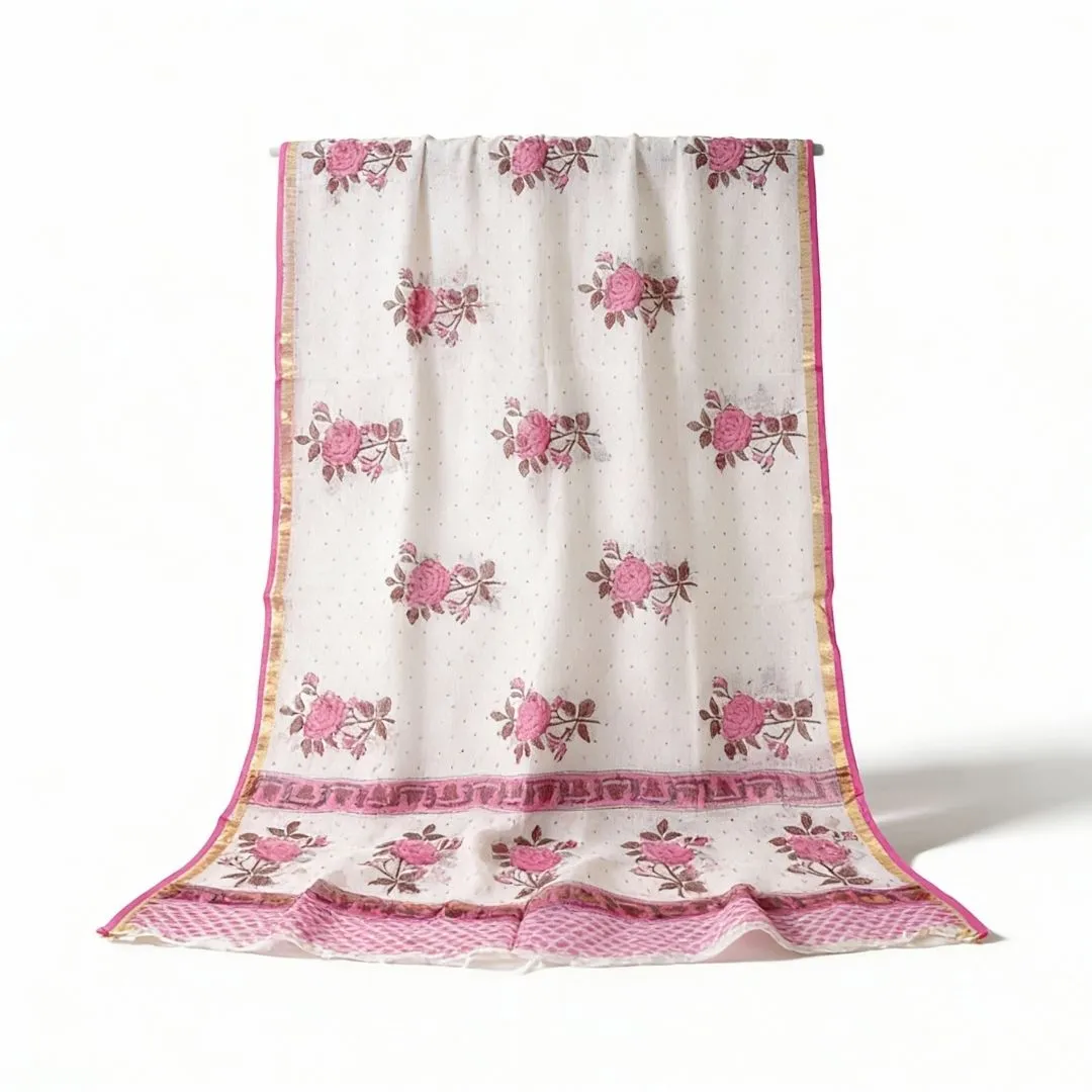 Hand Block Printed Kota Doriya Dupatta in Pink Floral Pattern