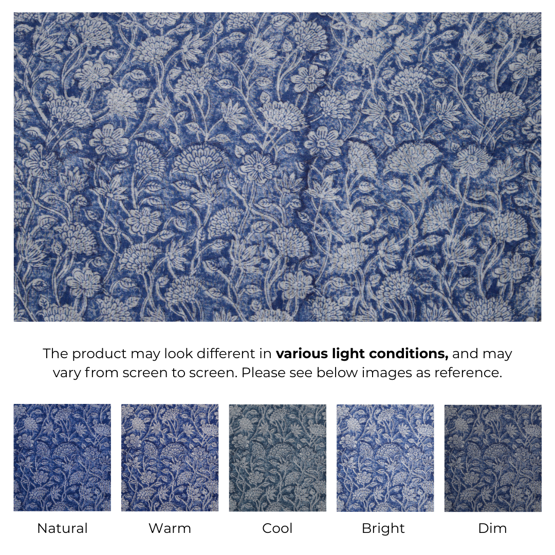 Single-Sided Block Printed Mal Cotton Fabric in Indigo Floral Pattern