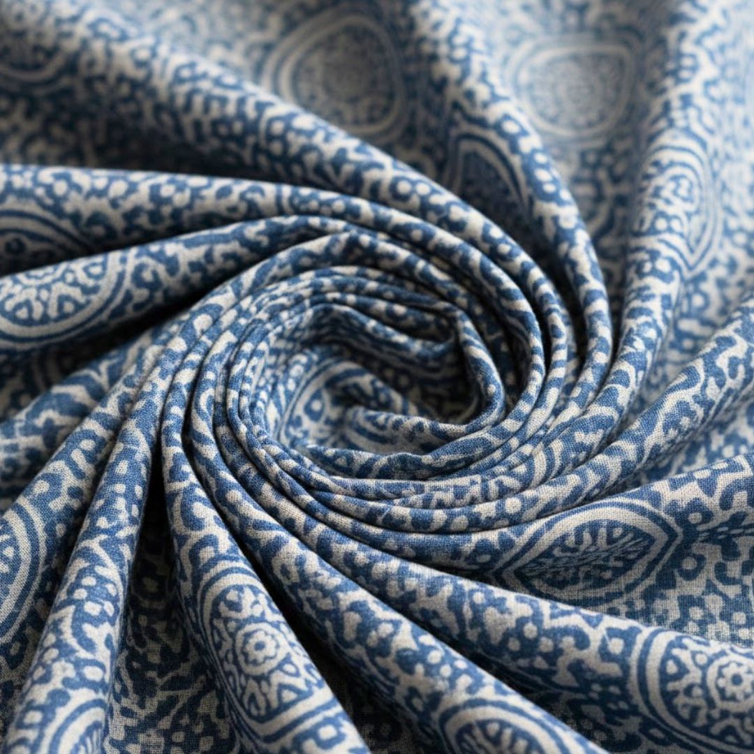 Single-Sided Block Printed Mal Cotton Fabric in Soft Blue Pattern