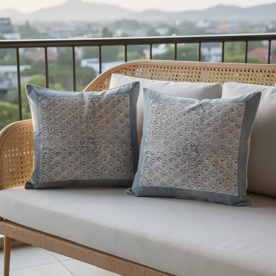 South Cotton Block Printed Cushion Covers with Blue Border Panel (Set of 2)