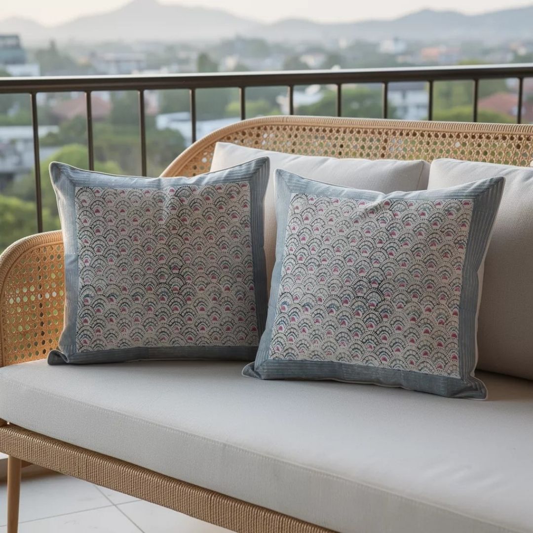 Block Printed South Cotton Cushion Cover with Blue Border Pattern