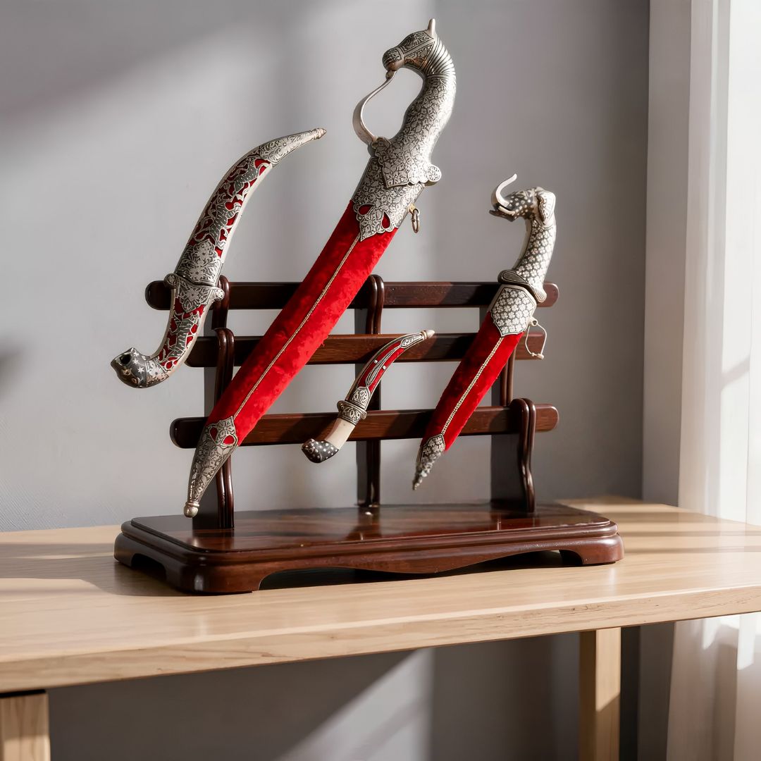Handcrafted Red Handle Koftgari Decorative Dagger Set
