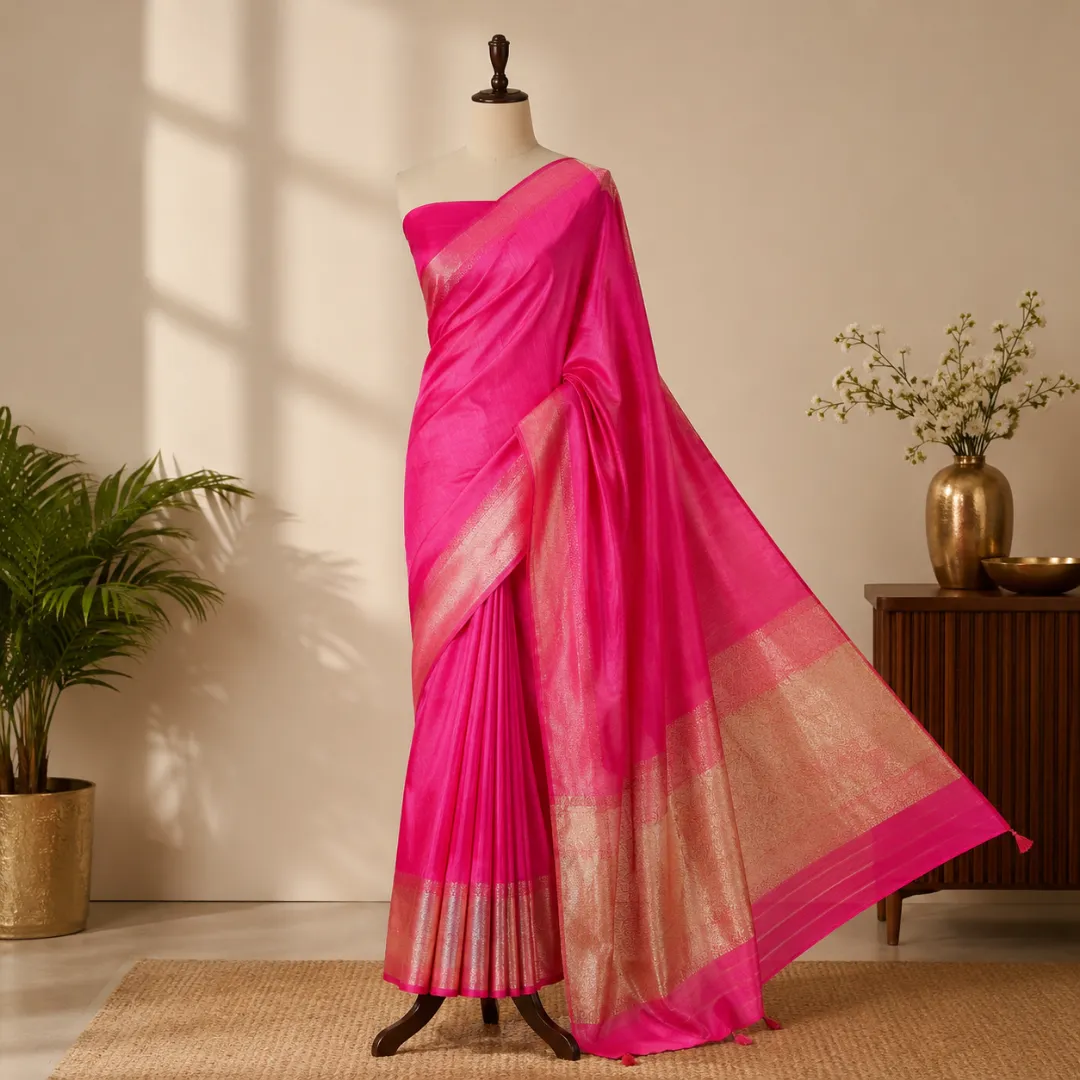 Golden Grace in Pink – Handcrafted Maslin Organza Saree with Matching Blouse